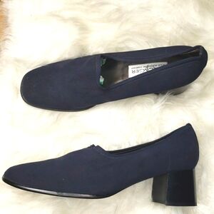 Liz Claiborne Villager Fabric Navy Pumps Blocks heels 8.5M Vintage VTG